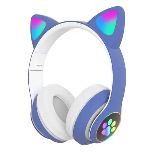 Cat Ear Wireless Headset Blue | RGB LED Lights | Bluetooth 5.0 + TF Card + Aux | Foldable | For Kids, Teens, Gaming